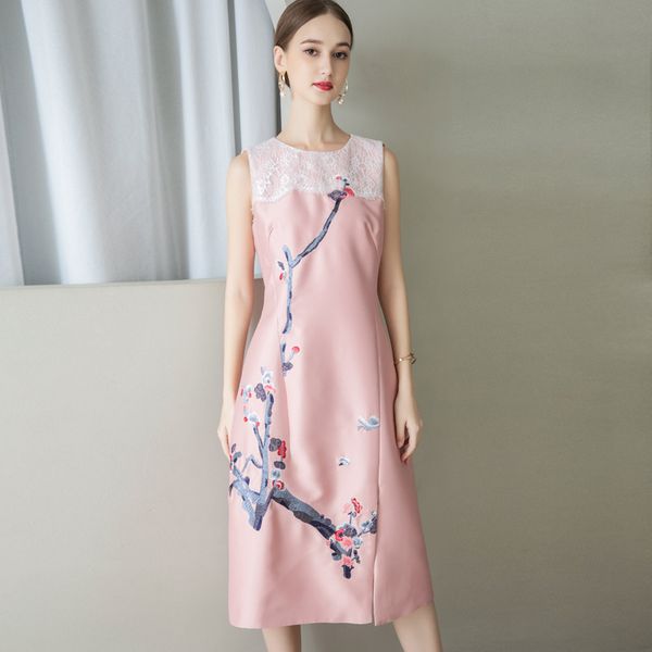 

women's runway dresses o neck sleeveless split lace patchwork embroidery fashion mid dress vestidos, Black;gray