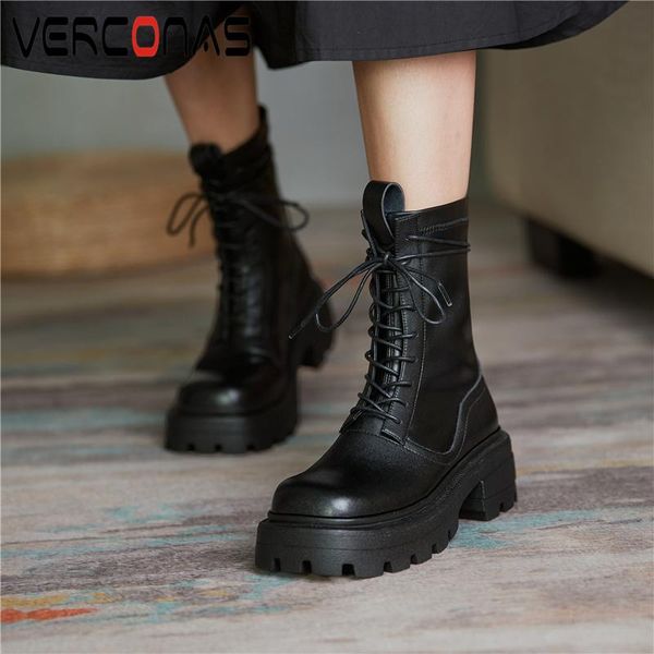 

boots verconas square toe motorcycle women ankle lace-up platforms shoes woman autumn winter genuine leather casual, Black