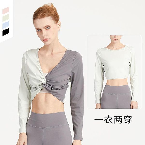 

yoga outfit women's fitness long-sleeved short navel-bearing t-shirt double-sided wear quick-drying breathable sportswear outdoor
