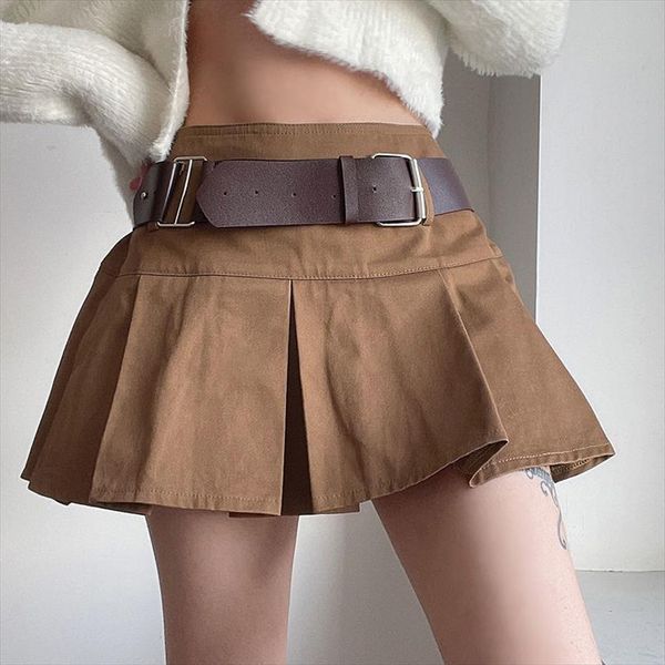 

spring summer a line womens skirt high waist mini micro with belt khaki hem slim streetwear preppy style girl, Black