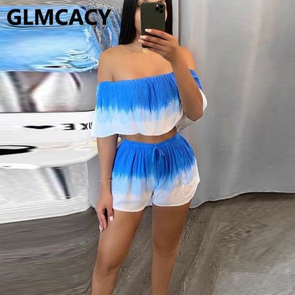

two piece casual summer suits off shoulder tube & loose shorts set 210702, White