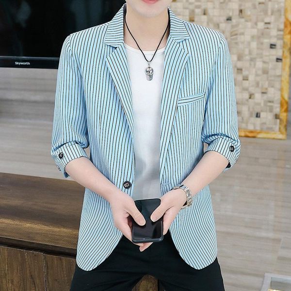

men's suits & blazers striped mid-sleeve suit summer fashion 2021 thin three-quarter sleeve small single jacket, White;black