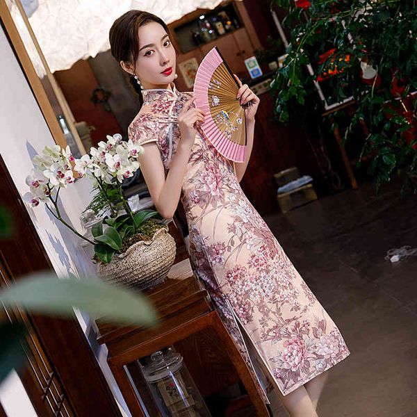 

Ethnic Clothing Spring Mid-Long Double-Layer Silk Cheongsam With Short Sleeves Chic And Elegant Dress Chinese Lady Qipao CZWV, Red