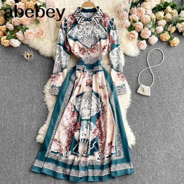 

women retro print dress korean turndown-collar long sleeve a-line spring court wind bohemian vacation midi 210512, Black;gray