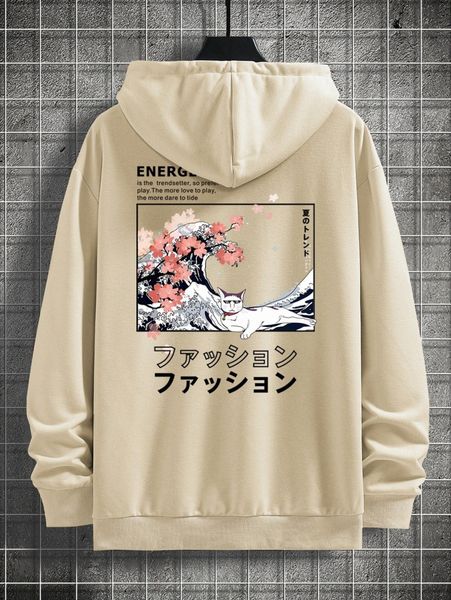 

men japanese letter graphic drop shoulder drawstring hoodie w8fx#, Black
