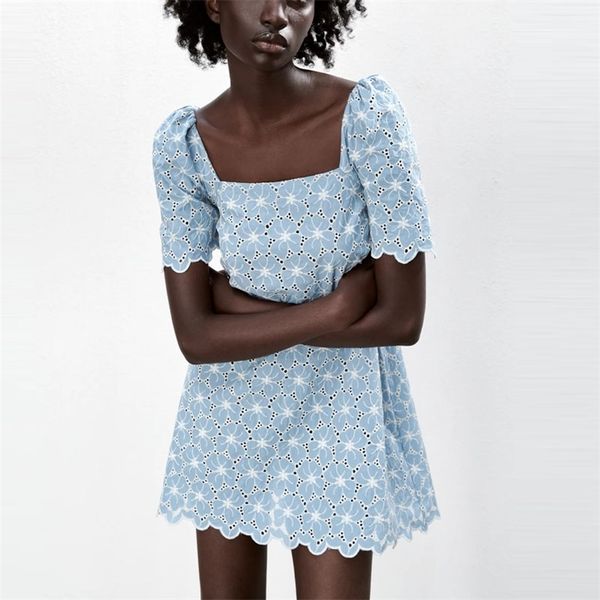 

women summer embroidered mini dress short puff sleeve openwork blue office lady back zip woman embroidery es 210524, Black;gray