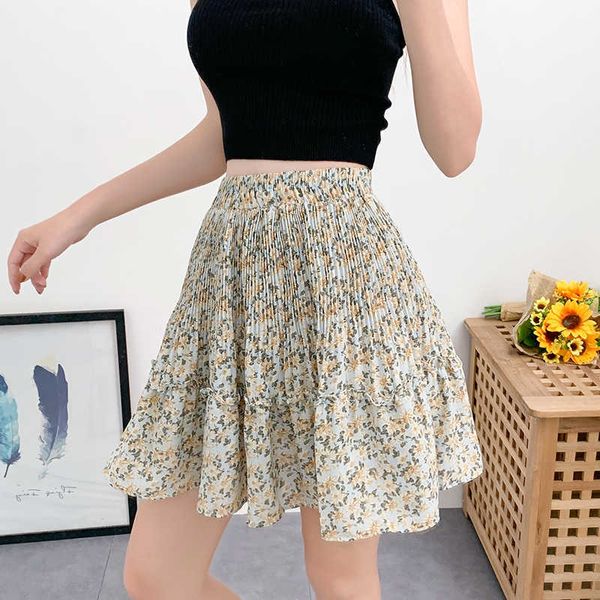 

korean fashion skirts high-waisted mini woman summer floral women clothing print patchwork for female ol 210604, Black