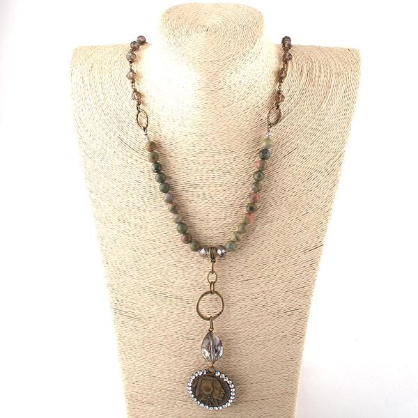 

pendant necklaces moodpc fashion jewelry natural stone & glass crystal long chain metal disco for women ethnic necklace, Silver