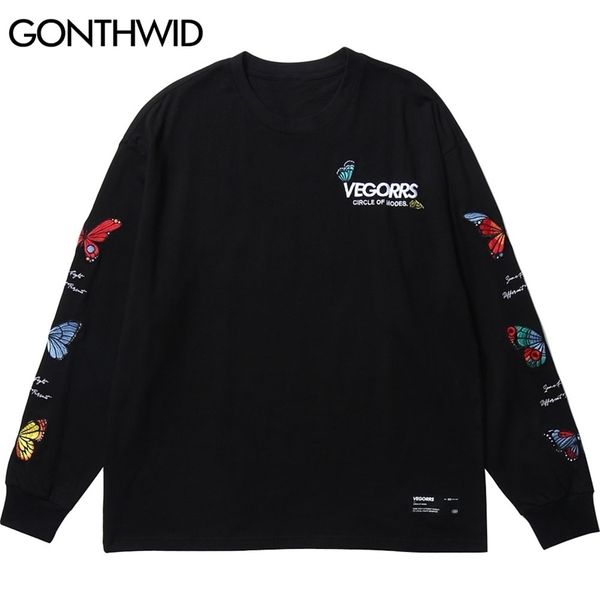 

gonthwid harajuku embroidery butterfly long sleeve tshirts mens casual streetwear tees shirts hip hop o-neck outwear 210409, White;black