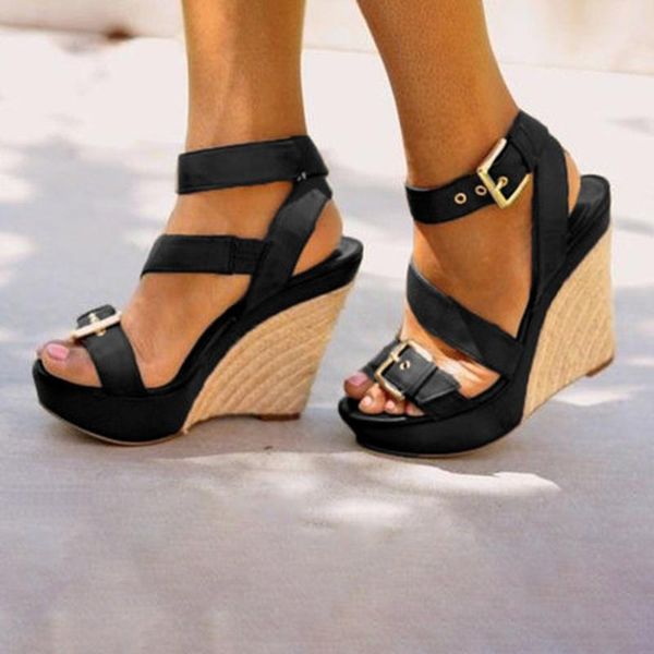 

sandals summer buckle women's velvet flock fish mouth fashion high heel platform open toes women shoes#g5, Black