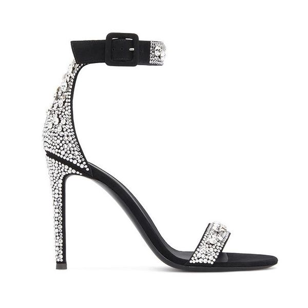 

bling back rhinestone high heels sandals women's crystal full drilled ladies party open toe shoes street sandalias, Black