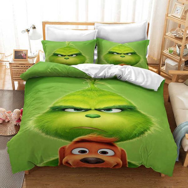 

cartoon green monster grinch bedding set duvet cover pillowcases comforter cover bed linens bedclothes twin full  king size