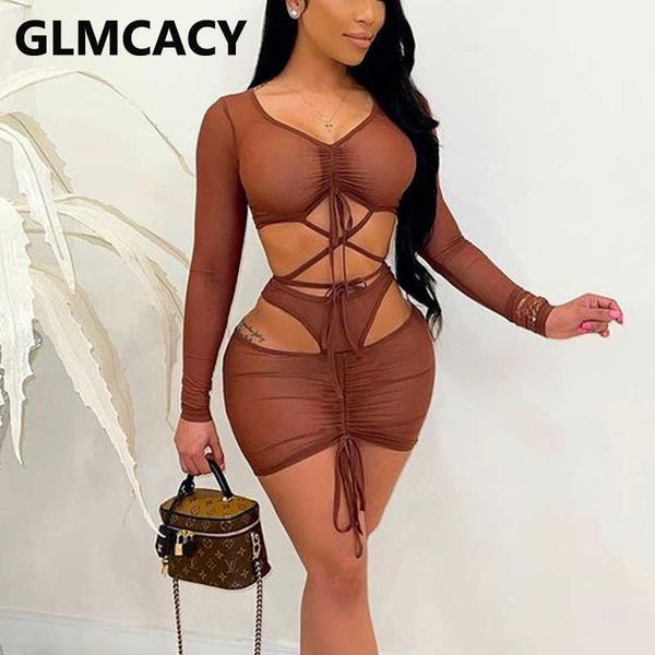 

two piece mesh see through dress suits party clubwear 210702, White