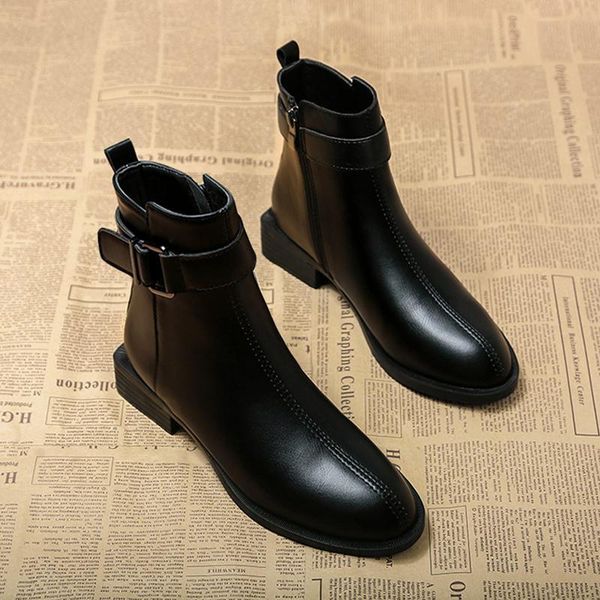 

boots buckle belt heels riding women solid sewing zip winter bottes round toe ankle botas 3-linings chunky low shoes woman, Black