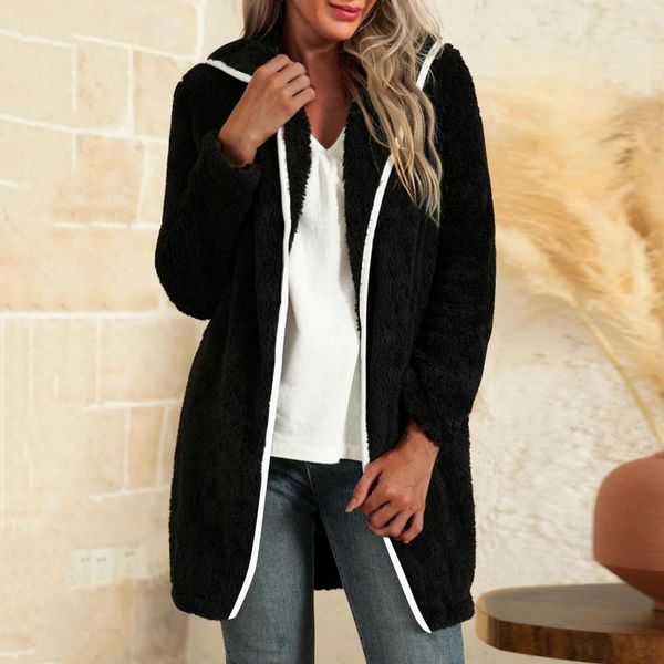 

women's hoodies & sweatshirts women winter warm jacket long-sleeved solid flannel coat casual zip up elegant plus size, Black