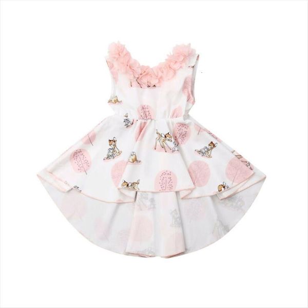 

summer princess girl party floral dress deer print toddler baby kid sleeveless irregular clothes sundress, Red;yellow