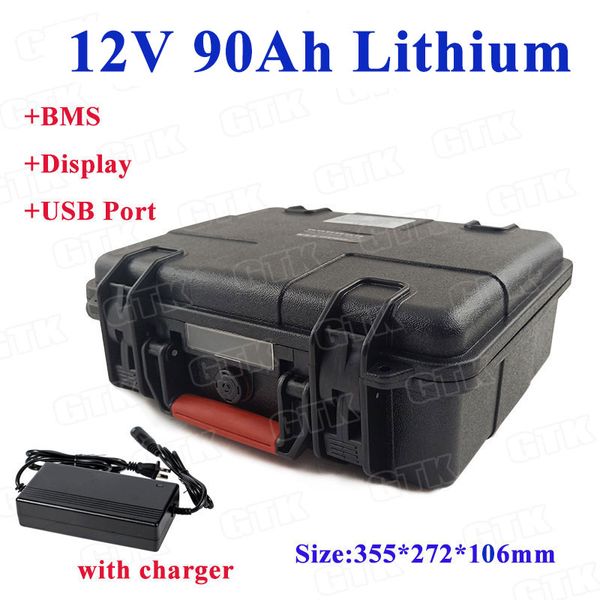 Pacco batteria agli ioni di litio 12v 90Ah con attrezzatura per porta USB per luce da campeggio luce per mountain bike luce di emergenza + caricatore 10A