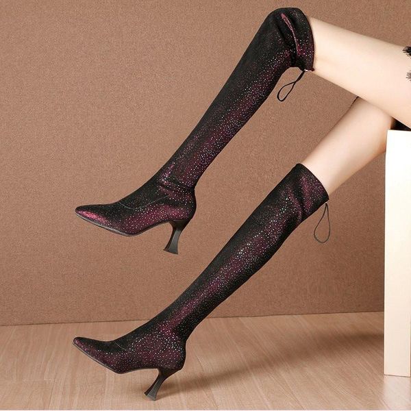 

boots 2021 brand women's shoes woman elastic fabric over the knee thin high heel party sequins botas de mujer, Black