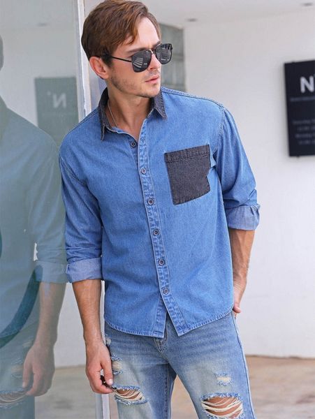 

men contrast panel patched pocket denim shirt t2cx#, Blue