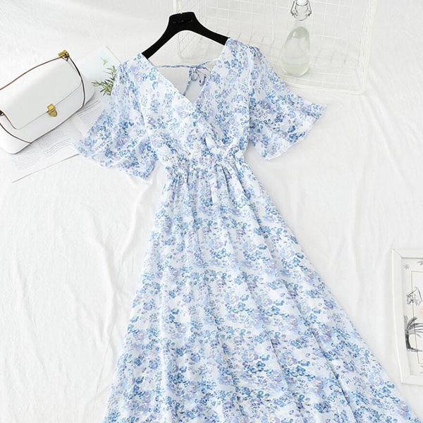 

casual dresses 2021 summer dress women's short sleeve chiffon v-neck elastic waist floral print beach long backless vestidos, Black;gray