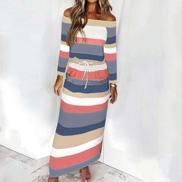 

casual dresses retro women fall long dress with pocket stripe print cold shoulder sleeve ladies slash neck loose #t2g, Black;gray