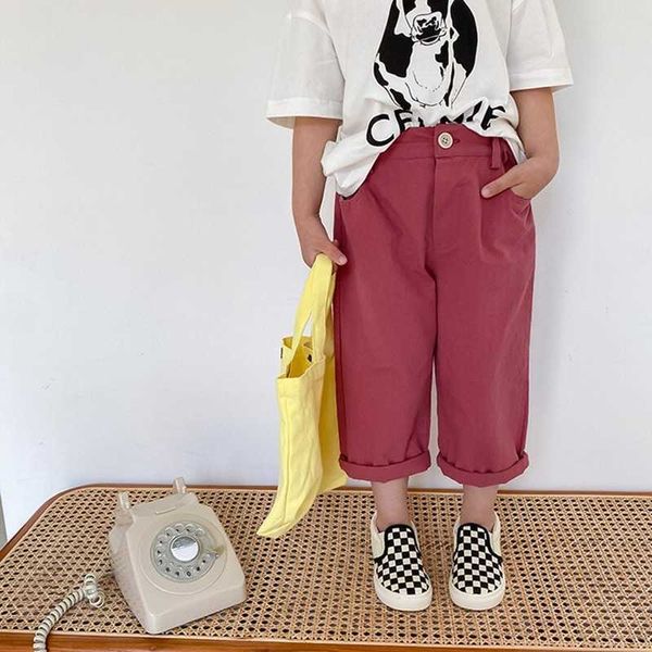 

korean style kids solid color casual pants boys and girls cotton loose straight trousers 1-8y 210615, Blue
