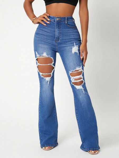 

sxy high waist ripped detail flare leg jeans v9k3#, Blue