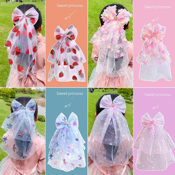 

beautiful bow headdress children's princess net yarn hair accessories sweet back of the head clip on girls do not, Slivery;white