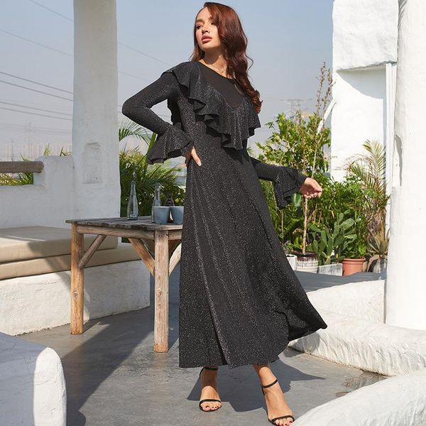 

party dress women 2021 autumn winter ladies fashion ruffle o neck flared long sleeve black elegant shiny prom vestido casual dresses, Black;gray