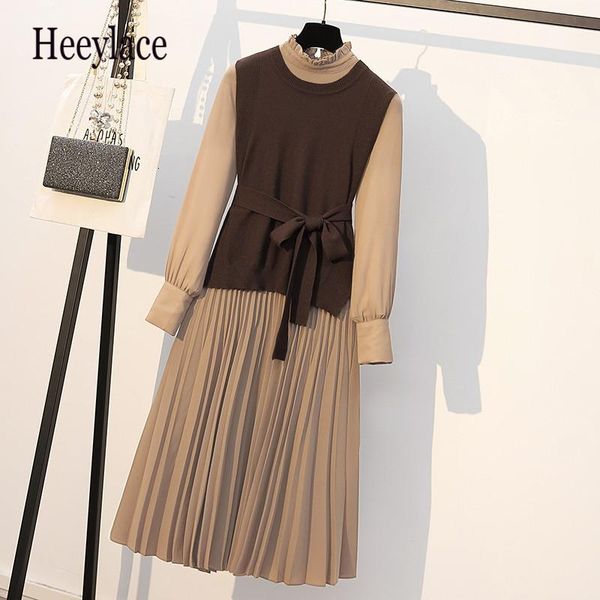 

two piece dress plus size autumn winter office lady suit women elegant long sleeve knit bodycon mid-calf sweater pleated set, White