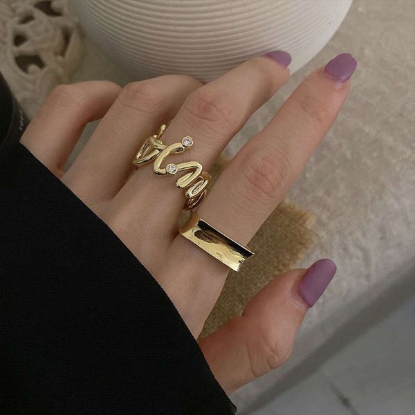 

korean gold geometric letter wave opening ring women's fashion personality niche design hand jewelry, Black