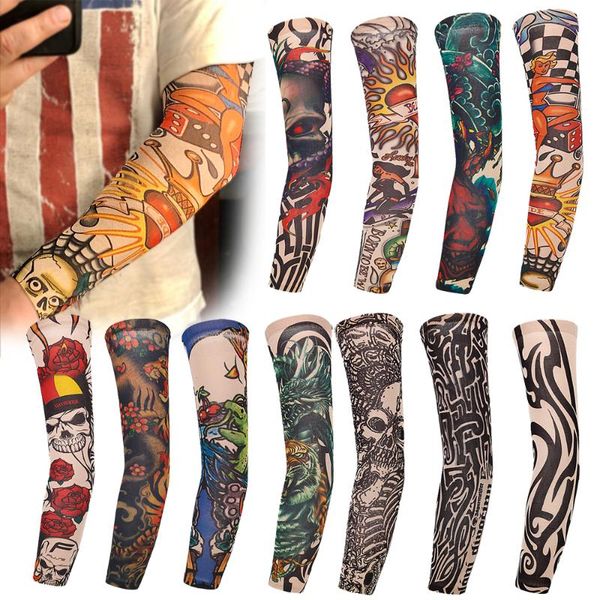 

1/8/10pcs temporary fake tattoo arm sleeve slip sleeves sunscreen quick dry uv protection leg elbow & knee pads, Black;gray