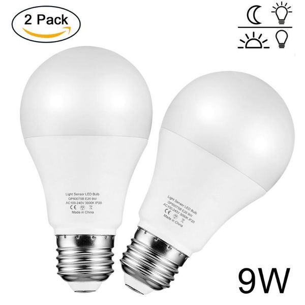 

bulbs 2/6 pcs 9w e26 intelligent light sensor led bulb 3000k with auto switch outdoor/indoor lamp built-in posensor detection