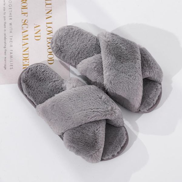 

slippers fashion faux fur plush women warm winter home slides shoes for woman slip on flats female, Black