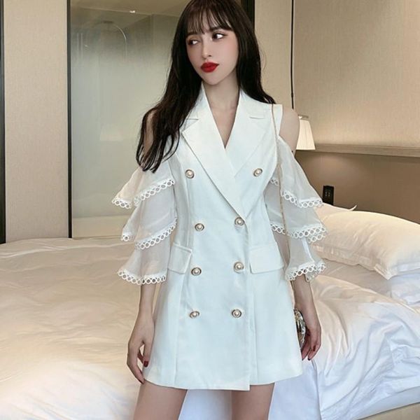 

fashion spring women elegant off shoulder chiffon flared sleeve patchwork double breasted office ol casual mini dress dresses, Black;gray