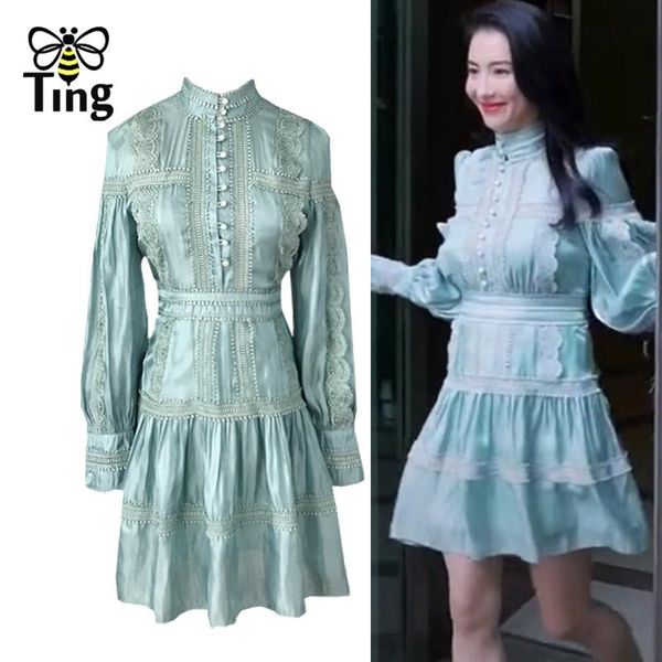 

casual dresses tingfly designer lace patchwork luxury party night dress button up france chic girl vestido elbise, Black;gray