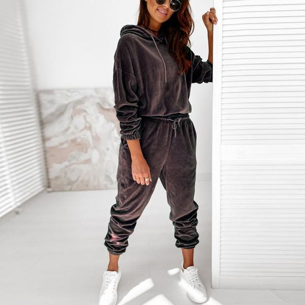 

women's tracksuits women solid gold velvet hooded long-sleeved casual sets pullover+long pants sportswear spring fall 2 pcs suit tracks, Gray