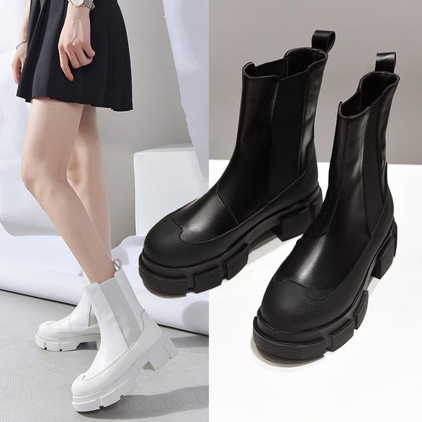 

boots autumn pu leather ankle women fashion thick bottom motorcycle woman slip on casual platform botas female white black