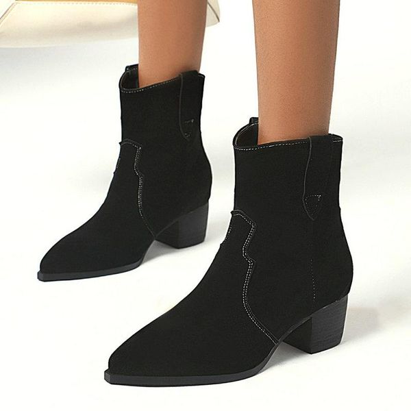 

boots 2021 spring autumn women western cowboy booties thick low heel ankle slip on fashion shoes woman, Black