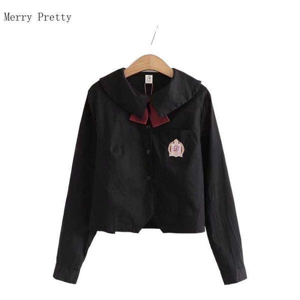 

badge embroidery tie blousea women summer single breasted turndown collar pocket shirts ladies korean fashion crop 210526, White