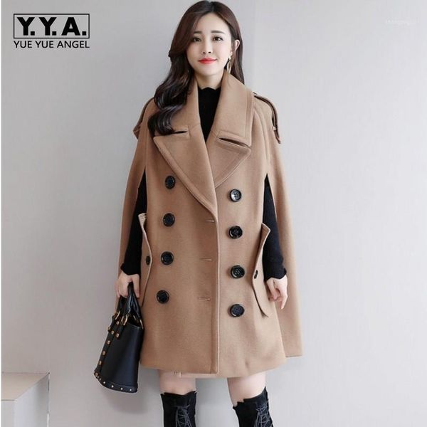 

england style women winter wool cloak coat batwing sleeve double breasted blends outerwear warm windbreaker woolen cape coats women's &, Black
