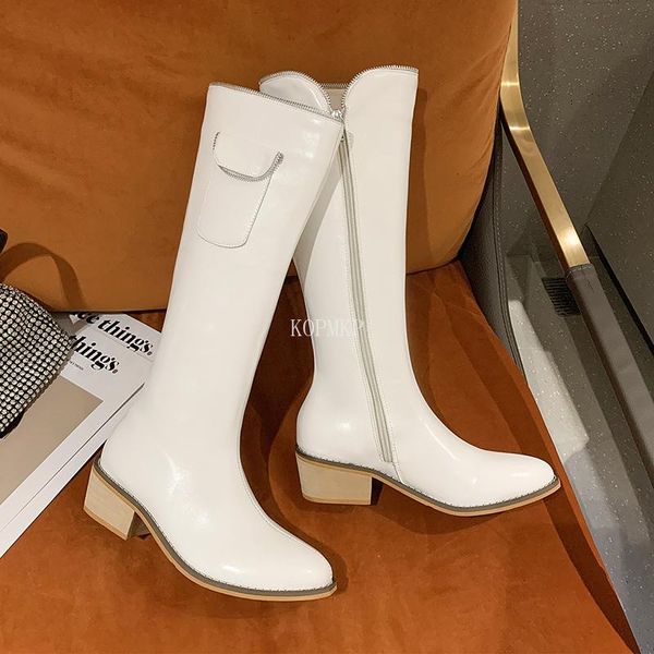 

boots 2021 autumn winter shoes for women genuine leather pointed toe thick heels pumps est knee high botines de mujer, Black