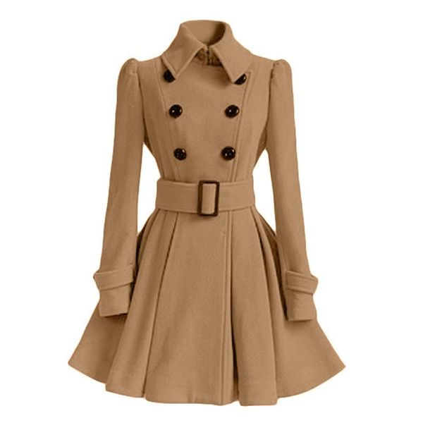 

women's trench coats pure color waist coat winter lapel self-cultivation pleated double-breasted belted warm boutique 2021, Tan;black