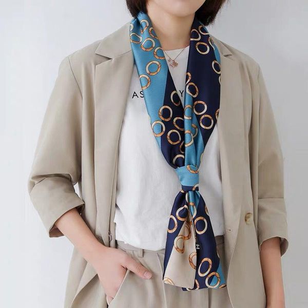 

long luxury silk scarf women print neck scarves foulard bag ribbon elegant hairband tie head neckerchief for office ladies, Blue;gray
