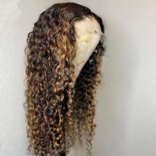 

peruvian bouncy curly blonde brown remy 180% transparent lace front human hair wigs with baby 13x6 bleached knots, Black;brown