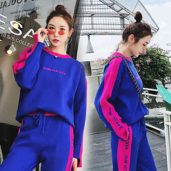 

women's tracksuits knitted suit women autumn and winter long-sleeved loose sweater + trousers leisure fashion two-piece set c, Gray
