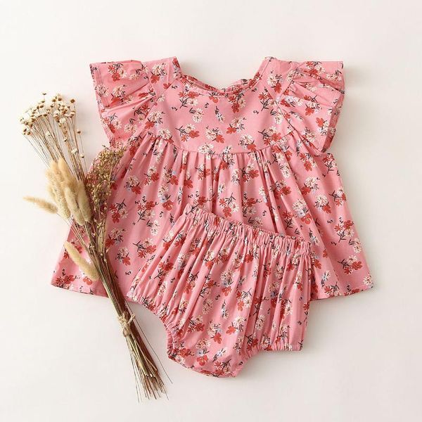 

clothing sets 2pcs infant baby girls set summer flying sleeves + bloomer vintage floral born clothes outfits, White