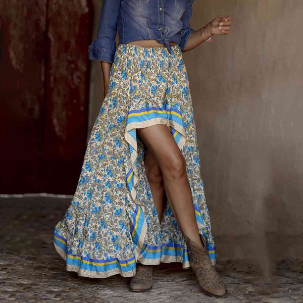 

women irregular print long skirts spring summer new elastic waist ladies boho beach holiday female asymmetric skirt vestido 210416, Black