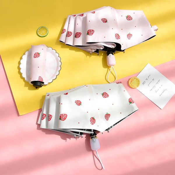 

umbrellas strawberry cute automatic 3 folding umbrella upf50+ uv protection ladies black coating sun portable u6b