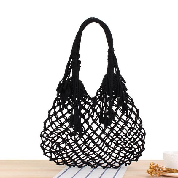 

duffel bags bag female ins tassel one-shoulder woven trendy women's mori straw handmade cotton rope mesh beach